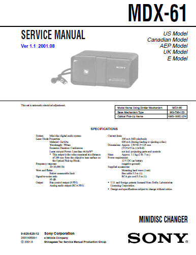 SONY MDX-61 MINIDISC CHANGER SERVICE MANUAL INC BLK DIAG PCBS SCHEM DIAGS AND PARTS LIST 38 PAGES ENG