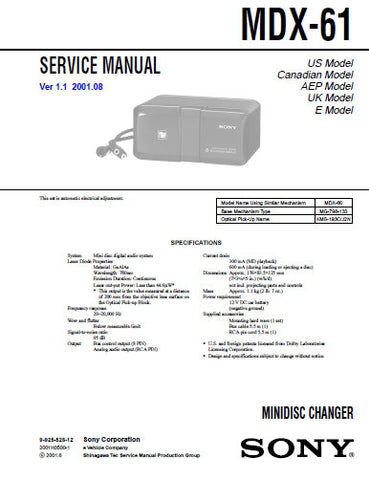 SONY MDX-61 MINIDISC CHANGER SERVICE MANUAL INC BLK DIAG PCBS SCHEM DIAGS AND PARTS LIST 38 PAGES ENG