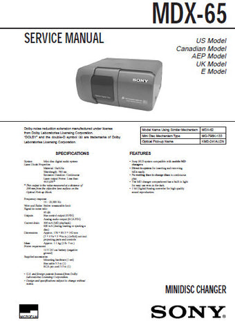 SONY MDX-65 MINIDISC CHANGER SERVICE MANUAL INC BLK DIAG PCBS SCHEM DIAGS AND PARTS LIST 38 PAGES ENG