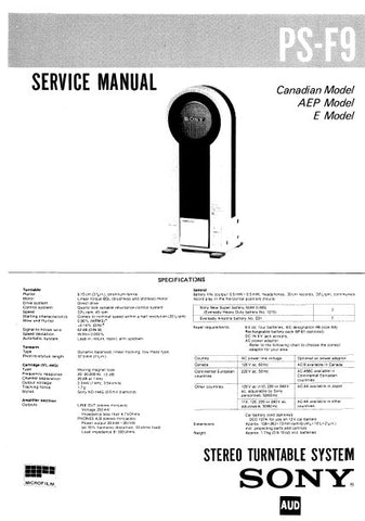 SONY PS-F9 STEREO TURNTABLE SYSTEM SERVICE MANUAL INC BLK DIAG PCBS SCHEM DIAG AND PARTS LIST 34 PAGES ENG