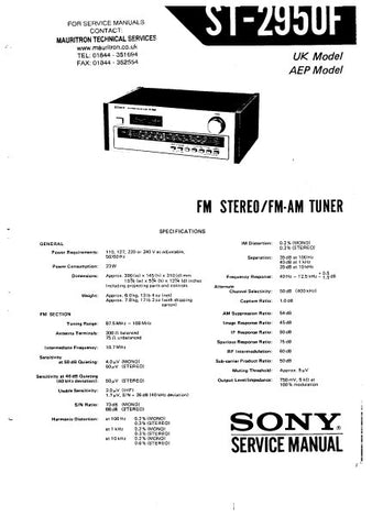 SONY ST-2950F FM STEREO FM AM TUNER SERVICE MANUAL INC BLK DIAG PCBS SCHEM DIAG AND PARTS LIST 22 PAGES ENG