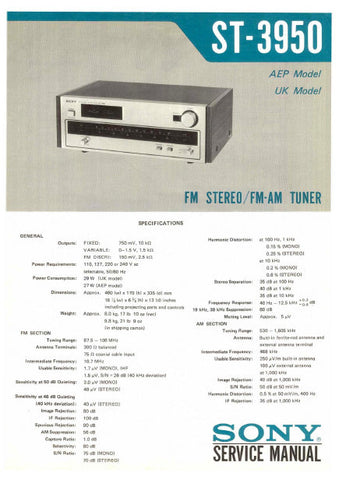 SONY ST-3950 FM STEREO FM AM TUNER SERVICE MANUAL INC BLK DIAG PCBS SCHEM DIAG AND PARTS LIST 16 PAGES ENG