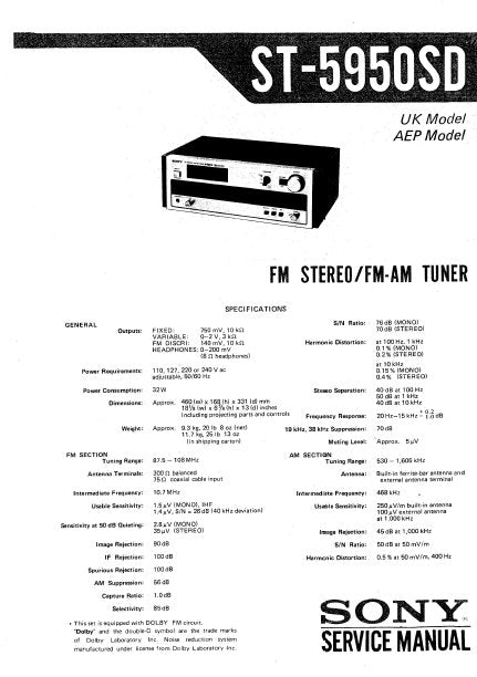SONY ST-5950SD FM STEREO FM AM TUNER SERVICE MANUAL INC BLK DIAG PCBS SCHEM DIAG AND PARTS LIST 18 PAGES ENG