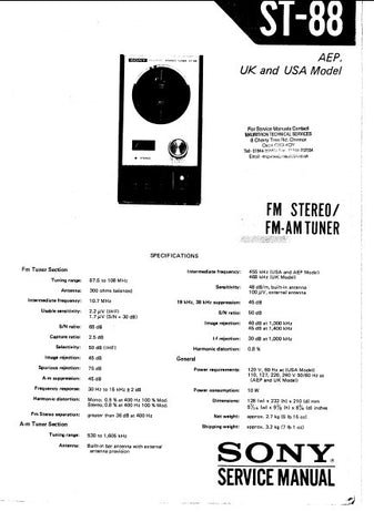 SONY ST-88 FM STEREO FM AM TUNER SERVICE MANUAL INC BLK DIAG PCBS SCHEM DIAG AND PARTS LIST 22 PAGES ENG
