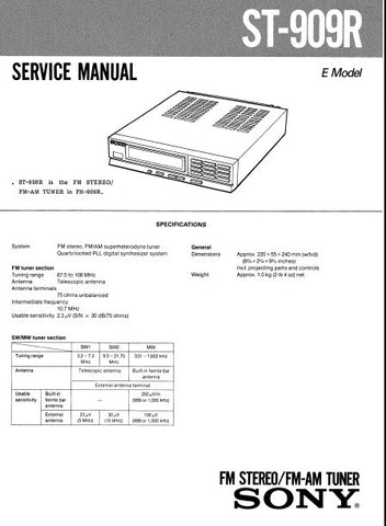 SONY ST-909R FM STEREO FM AM TUNER SERVICE MANUAL INC PCBS SCHEM DIAG AND PARTS LIST 18 PAGES ENG