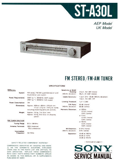 SONY ST-A30L FM STEREO FM AM TUNER SERVICE MANUAL INC BLK DIAG PCBS SCHEM DIAGS AND PARTS LIST 19 PAGES ENG