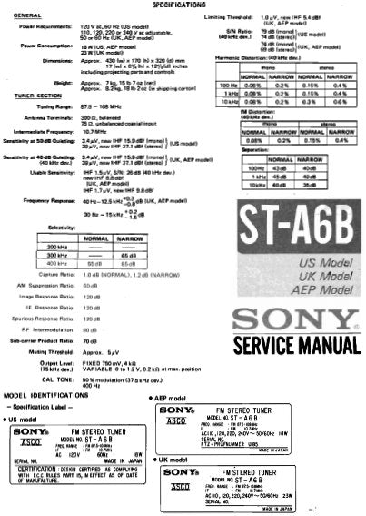 SONY ST-A6B FM STEREO TUNER SERVICE MANUAL INC BLK DIAG PCBS SCHEM DIAG AND PARTS LIST 17 PAGES ENG