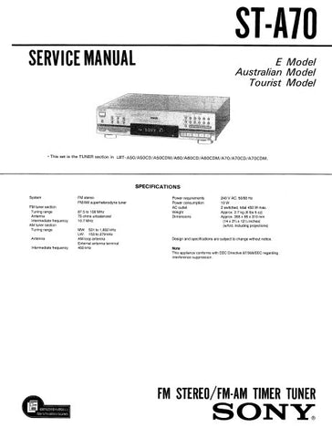 SONY ST-A70 FM STEREO FM AM TIMER TUNER SERVICE MANUAL INC PCBS SCHEM DIAG AND PARTS LIST 14 PAGES ENG