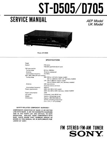 SONY ST-D505 ST-D705 FM STEREO FM AM TUNER SERVICE MANUAL INC SCHEM DIAGS AND PARTS LIST 16 PAGES ENG