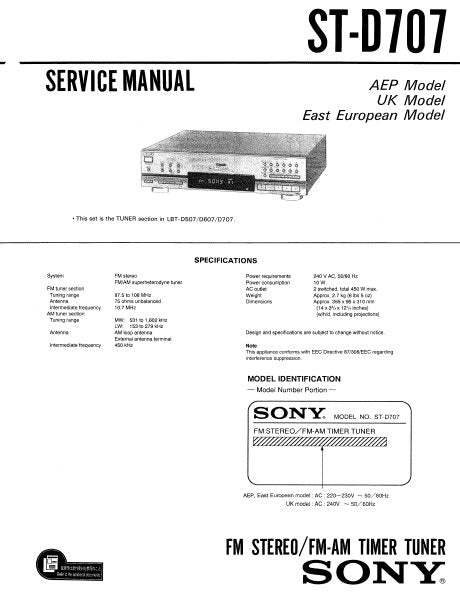 SONY ST-D707 FM STEREO FM AM TIMER TUNER SERVICE MANUAL INC PCBS SCHEM DIAGS AND PARTS LIST 26 PAGES ENG