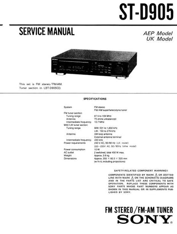 SONY ST-D905 FM STEREO FM AM TUNER SERVICE MANUAL INC PCBS SCHEM DIAGS AND PARTS LIST 16 PAGES ENG