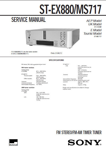 SONY ST-EX880 ST-MS717 FM STEREO FM AM TIMER TUNER SERVICE MANUAL INC PCBS SCHEM DIAGS AND PARTS LIST 26 PAGES ENG