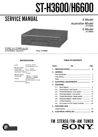 SONY ST-H3600 ST-H6600 FM STEREO FM AM TUNER SERVICE MANUAL INC BLK DIAG PCBS SCHEM DIAGS AND PARTS LIST 21 PAGES ENG