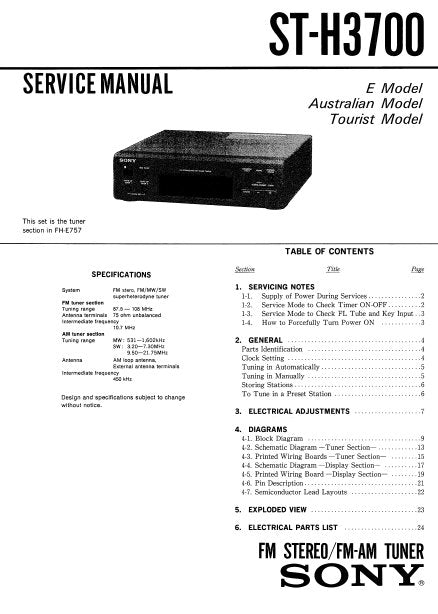SONY ST-H3700 FM STEREO FM AM TUNER SERVICE MANUAL INC BLK DIAG PCBS SCHEM DIAGS AND PARTS LIST 21 PAGES ENG