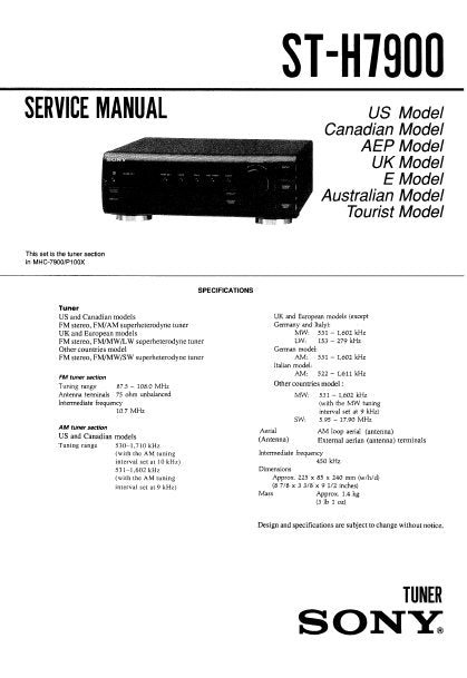 SONY ST-H7900 TUNER SERVICE MANUAL INC BLK DIAG PCBS SCHEM DIAGS AND PARTS LIST 23 PAGES ENG