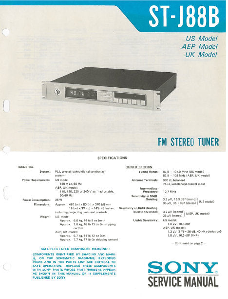 SONY ST-J88B FM STEREO TUNER SERVICE MANUAL INC BLK DIAG PCBS SCHEM DIAG AND PARTS LIST 23 PAGES ENG