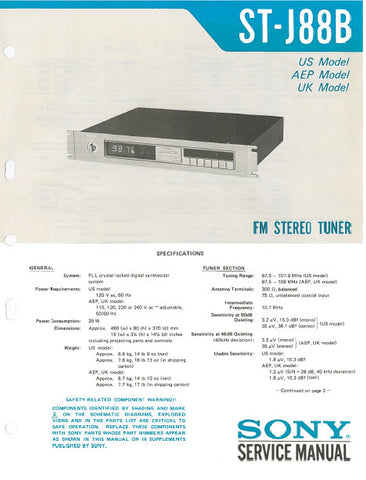 SONY ST-J88B FM STEREO TUNER SERVICE MANUAL INC BLK DIAG PCBS SCHEM DIAG AND PARTS LIST 23 PAGES ENG