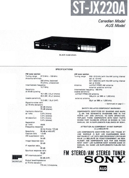 SONY ST-JX220A FM STEREO AM STEREO TUNER SERVICE MANUAL INC BLK DIAG PCBS SCHEM DIAG AND PARTS LIST 23 PAGES ENG