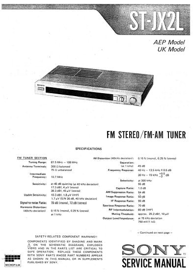 SONY ST-JX2L FM STEREO FM AM TUNER SERVICE MANUAL INC PCBS SCHEM DIAG AND PARTS LIST 19 PAGES ENG