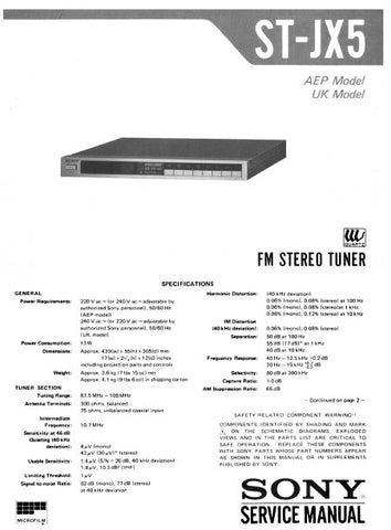 SONY ST-JX5 FM STEREO TUNER SERVICE MANUAL INC BLK DIAG PCBS SCHEM DIAG AND PARTS LIST 21 PAGES ENG