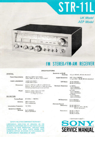 SONY STR-11L FM STEREO FM AM RECEIVER SERVICE MANUAL INC BLK DIAGS PCBS SCHEM DIAG AND PARTS LIST 32 PAGES ENG