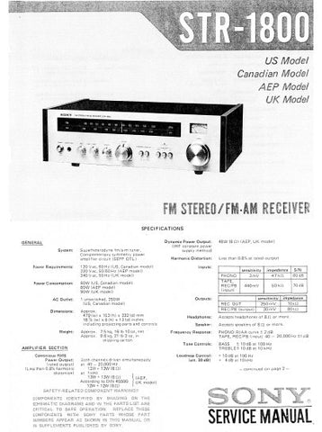 SONY STR-1800 FM STEREO FM AM RECEIVER SERVICE MANUAL INC BLK DIAG PCBS SCHEM DIAGS AND PARTS LIST 14 PAGES ENG