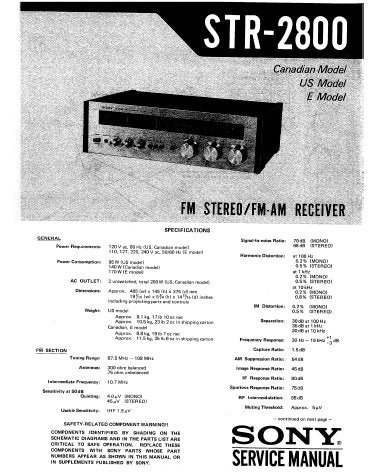 SONY STR-2800 FM STEREO FM AM RECEIVER SERVICE MANUAL INC BLK DIAG PCBS SCHEM DIAGS AND PARTS LIST 14 PAGES ENG