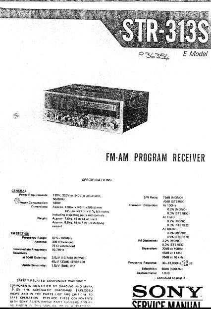 SONY STR-313S FM AM PROGRAM RECEIVER SERVICE MANUAL INC BLK DIAG PCBS SCHEM DIAG AND PARTS LIST 38 PAGES ENG