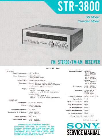 SONY STR-3800 FM STEREO FM AM RECEIVER SERVICE MANUAL INC BLK DIAG PCBS SCHEM DIAG AND PARTS LIST 17 PAGES ENG