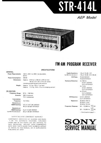 SONY STR-414L FM AM PROGRAM RECEIVER SERVICE MANUAL INC BLK DIAG PCBS SCHEM DIAGS AND PARTS LIST 25 PAGES ENG