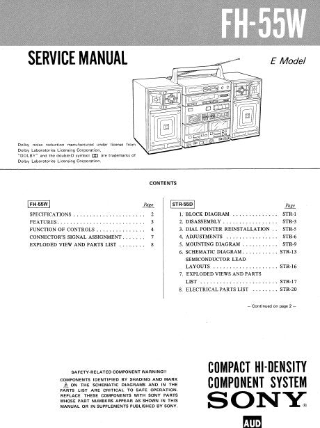 SONY STR-55D FH-55W TC-55W TC-50W COMPACT HI DENSITY COMPONENT SYSTEM SERVICE MANUAL INC BLK DIAGS PCBS SCHEM DIAG AND PARTS LIST 50 PAGES ENG