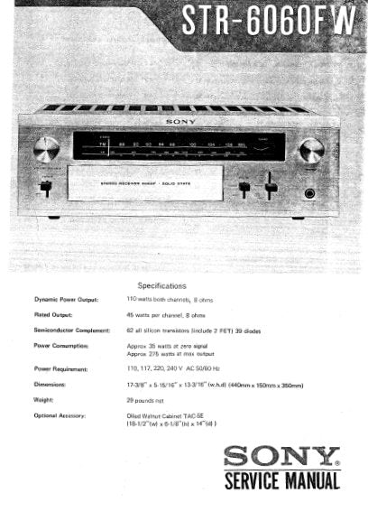 SONY STR-6060FW FM AM STEREO RECEIVER SERVICE MANUAL INC BLK DIAG PCBS SCHEM DIAGS AND PARTS LIST 48 PAGES ENG