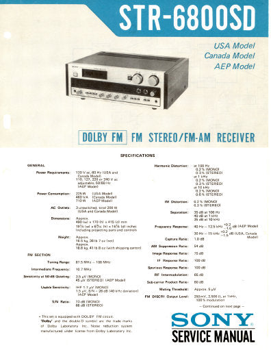 SONY STR-6800SD FM STEREO FM AM RECEIVER SERVICE MANUAL INC BLK DIAG PCBS SCHEM DIAGS AND PARTS LIST 20 PAGES ENG