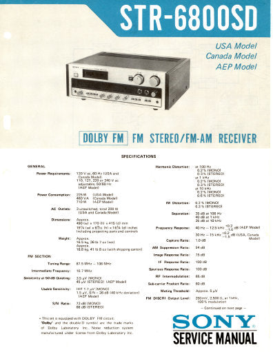 SONY STR-6800SD FM STEREO FM AM RECEIVER OWNER'S INSTRUCTION MANUAL 15 PAGES ENG