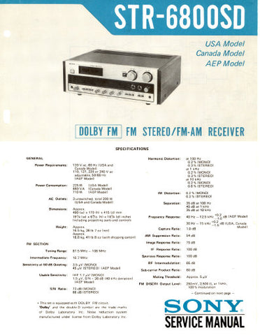 SONY STR-6800SD FM STEREO FM AM RECEIVER OWNER'S INSTRUCTION MANUAL 15 PAGES ENG