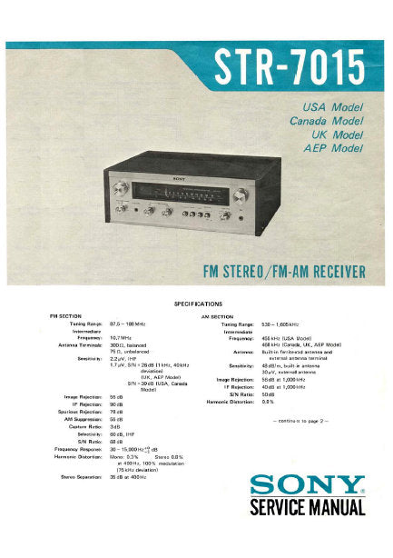 SONY STR-7015 FM STEREO FM AM RECEIVER SERVICE MANUAL INC BLK DIAG PCBS SCHEM DIAG AND PARTS LIST 21 PAGES ENG