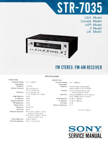 SONY STR-7035 FM STEREO FM AM RECEIVER SERVICE MANUAL INC BLK DIAG PCBS SCHEM DIAG AND PARTS LIST 22 PAGES ENG