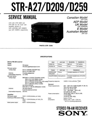 SONY STR-A27 STR-D209 STR-D259 STEREO FM AM RECEIVER SERVICE MANUAL INC PCBS SCHEM DIAGS AND PARTS LIST 25 PAGES ENG