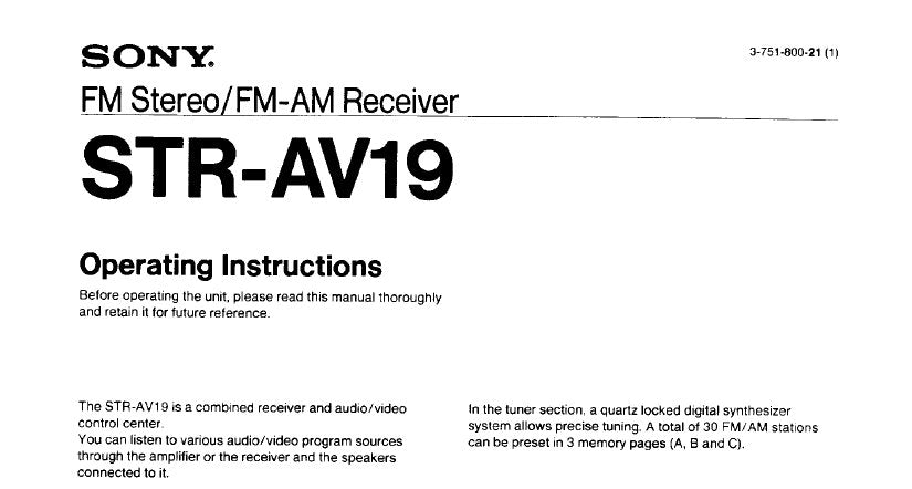 SONY STR-AV19 FM STEREO FM AM RECEIVER OWNER'S INSTRUCTION MANUAL 8 PAGES ENG