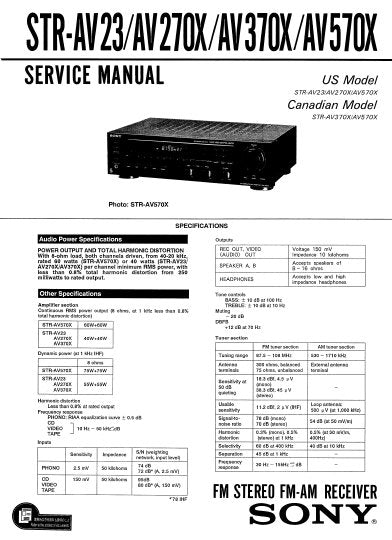 SONY STR-AV23 STR-AV270X STR-AV370X STR-AV570X FM STEREO FM AM RECEIVER SERVICE MANUAL INC BLK DIAG PCBS SCHEM DIAGS AND PARTS LIST 26 PAGES ENG