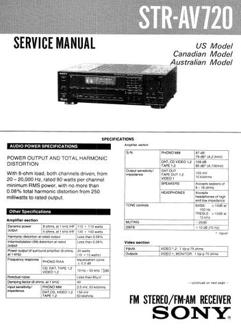 SONY STR-AV720 FM STEREO FM AM RECEIVER SERVICE MANUAL INC BLK DIAG PCBS SCHEM DIAGS AND PARTS LIST 25 PAGES ENG