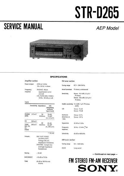 SONY STR-D265 FM STEREO FM AM RECEIVER SERVICE MANUAL INC PCBS SCHEM DIAGS AND PARTS LIST 25 PAGES ENG