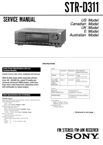 SONY STR-D311 FM STEREO FM AM RECEIVER SERVICE MANUAL INC BLK DIAG PCBS SCHEM DIAGS AND PARTS LIST 21 PAGES ENG