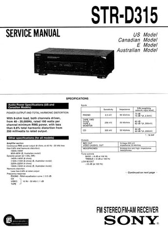 SONY STR-D315 FM STEREO FM AM RECEIVER SERVICE MANUAL INC PCBS SCHEM DIAGS AND PARTS LIST 20 PAGES ENG