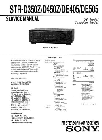 SONY STR-D350Z STR-D450Z STR-DE405 STR-DE505 FM STEREO FM AM RECEIVER SERVICE MANUAL INC PCBS SCHEM DIAGS AND PARTS LIST 23 PAGES ENG