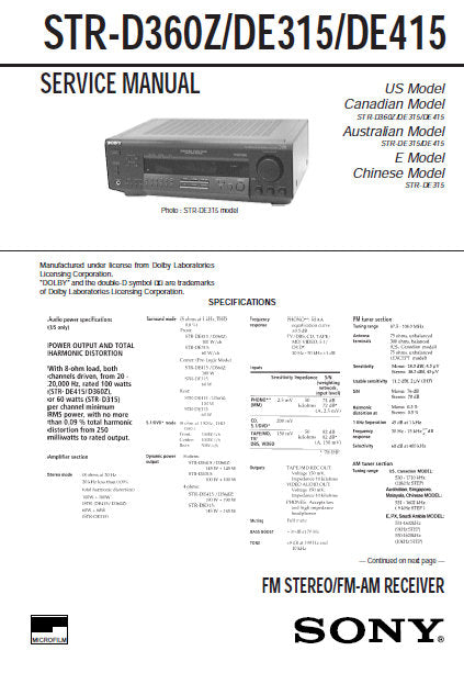 SONY STR-D360Z STR-DE315 STR-DE415 FM STEREO FM AM RECEIVER SERVICE MANUAL INC PCBS SCHEM DIAGS AND PARTS LIST 18 PAGES ENG