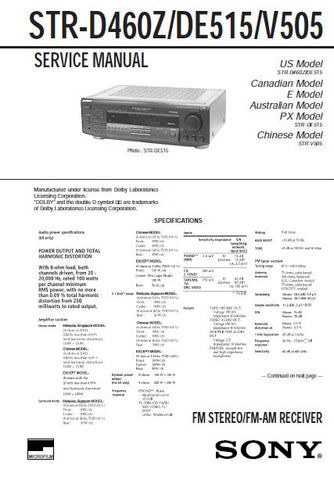 SONY STR-D460Z FM STEREO FM AM RECEIVER SERVICE MANUAL INC PCBS SCHEM DIAGS AND PARTS LIST 18 PAGES ENG