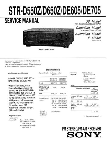 SONY STR-D550Z STR-D650Z STR-DE605 STR-DE705 FM STEREO FM AM RECEIVER SERVICE MANUAL INC PCBS SCHEM DIAGS AND PARTS LIST 33 PAGES ENG