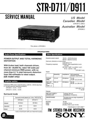 SONY STR-D711 STR-D911 FM STEREO FM AM RECEIVER SERVICE MANUAL INC BLK DIAGS PCBS SCHEM DIAGS AND PARTS LIST 43 PAGES ENG