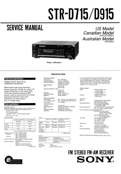 SONY STR-D715 STR-D915 FM STEREO FM AM RECEIVER SERVICE MANUAL INC BLK DIAG PCBS SCHEM DIAGS AND PARTS LIST 36 PAGES ENG